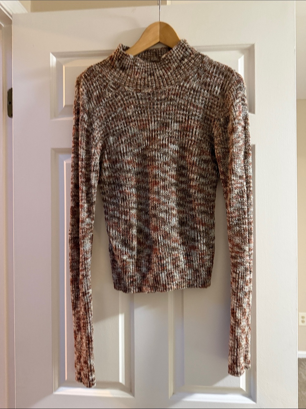 Free People Marled Ribbed Mock Neck Sweater in Brown and Cream